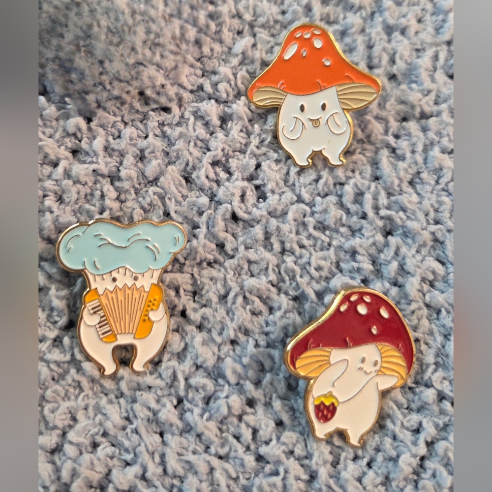 Cute Mushroom Enamel Pins Set - Red, Blue, White